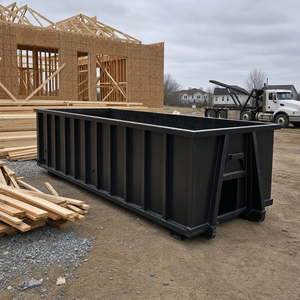 Matte-black 40-yard roll-off dumpster staged on a framed-out residential construction site in Midland, framing lumber stacked nearby, hooklift delivery truck visible in the background under bright Colorado daylight