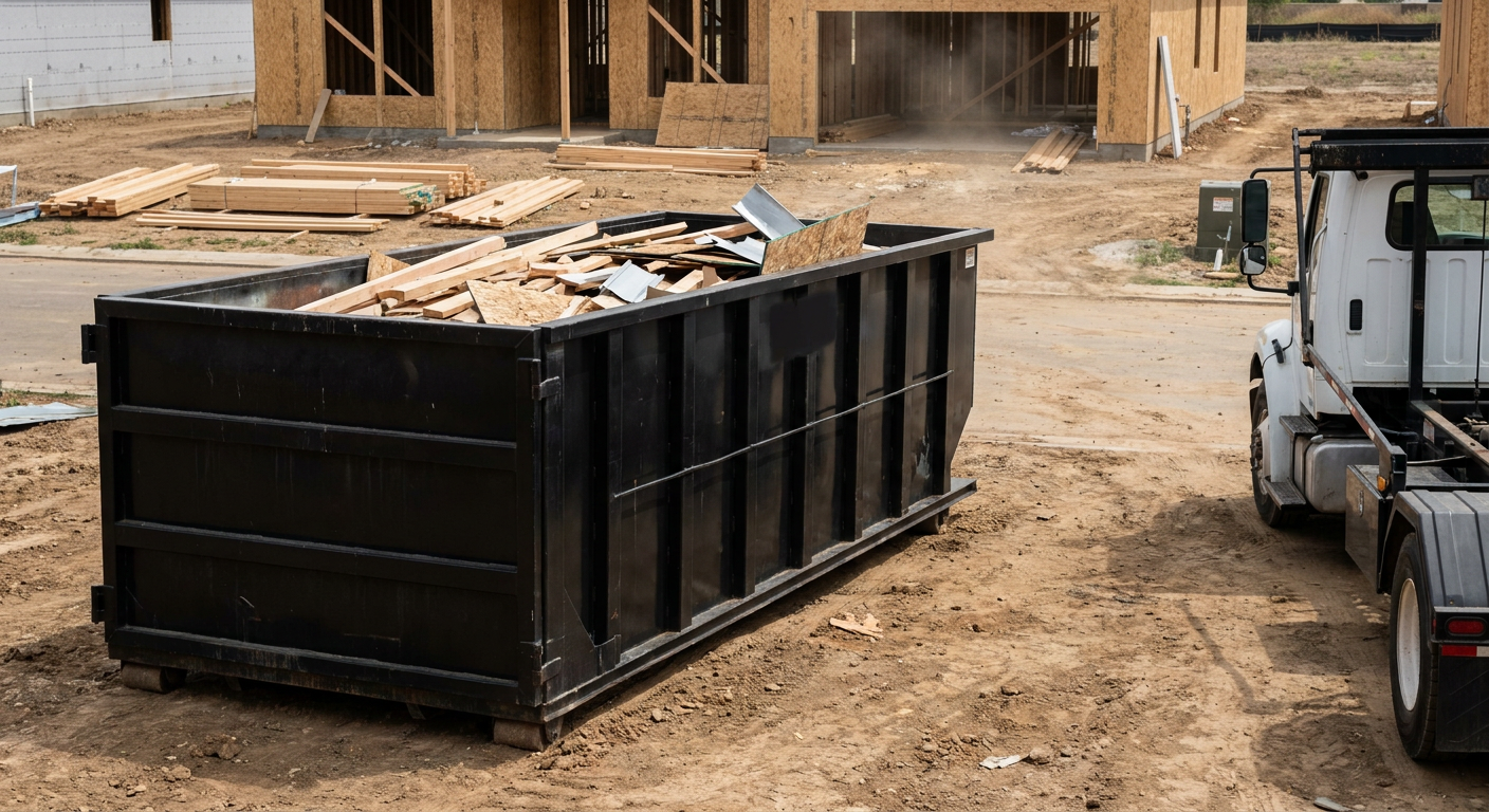 Matte-black 20-yard roll-off construction dumpster with heavy ribbed steel sidewalls and swing rear doors at a working jobsite in Midland, sitting directly on compacted dirt with an unmarked white hauler partially visible at the far edge of the frame.