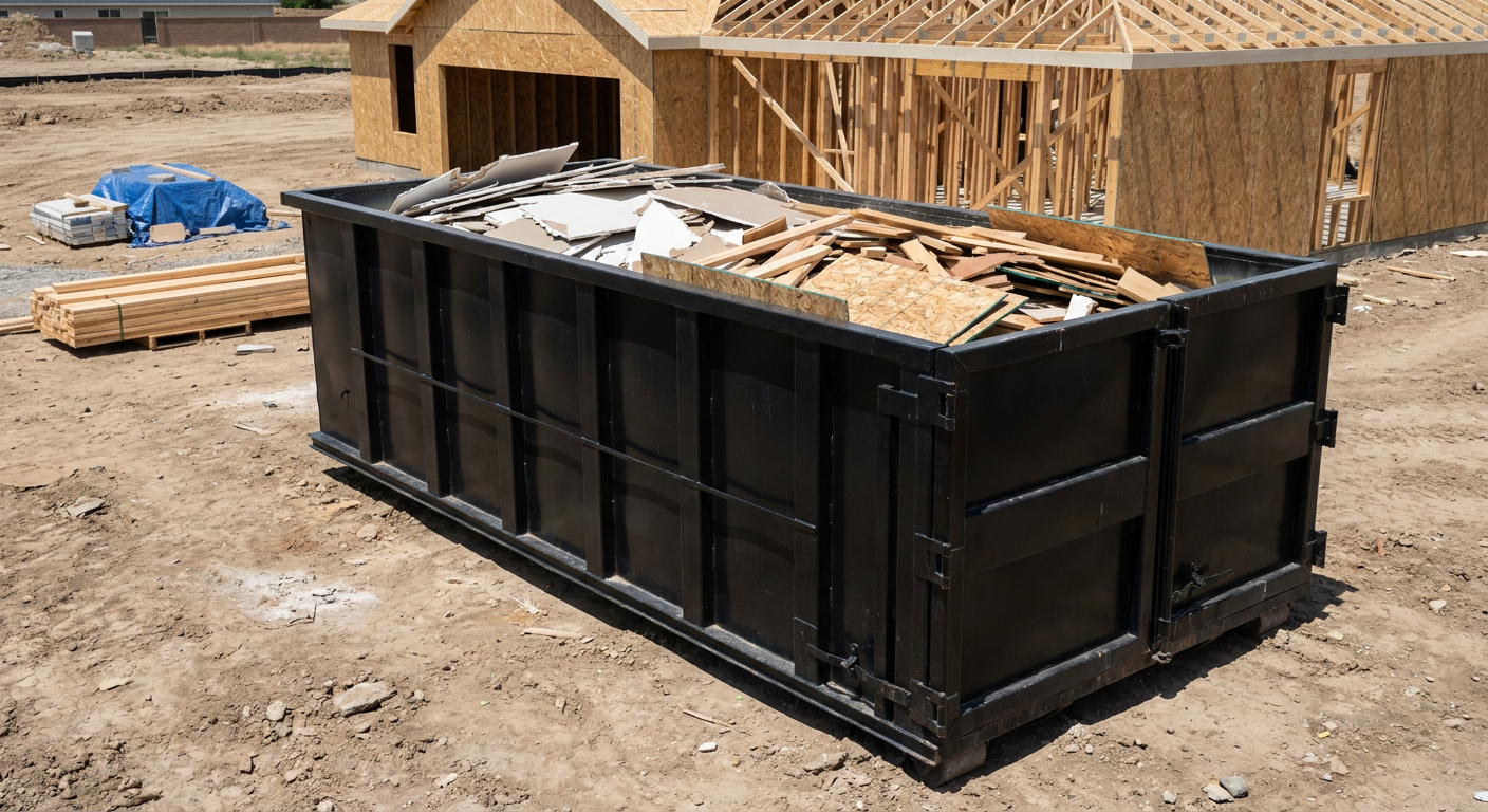 Matte-black 30-yard roll-off construction dumpster sitting directly on the compacted-dirt site of a framed single-family home build in Midland, drywall and lumber scrap loaded inside.