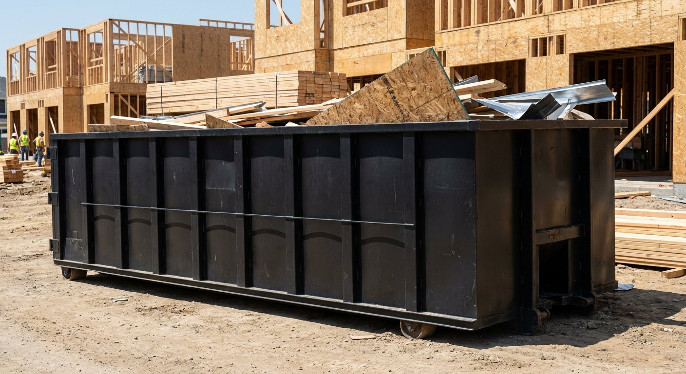 Matte-black 40-yard roll-off construction dumpster being lowered from a white-cab hooklift delivery truck onto the compacted-dirt jobsite at a commercial build site in Midland