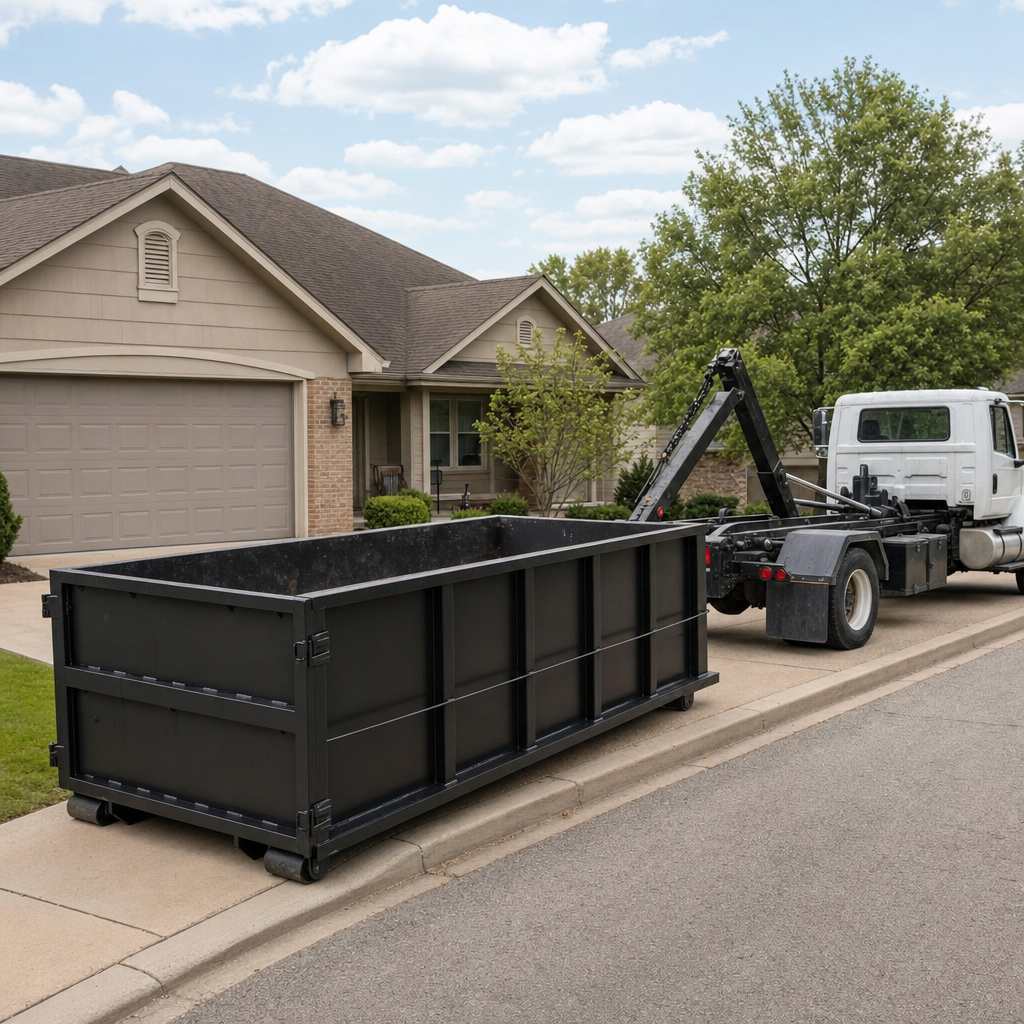 Wide documentary shot of a matte-black roll-off dumpster on a Midland residential driveway in the foreground and a contractor jobsite container in the soft-focus background, bright daylight, calm and orderly composition.