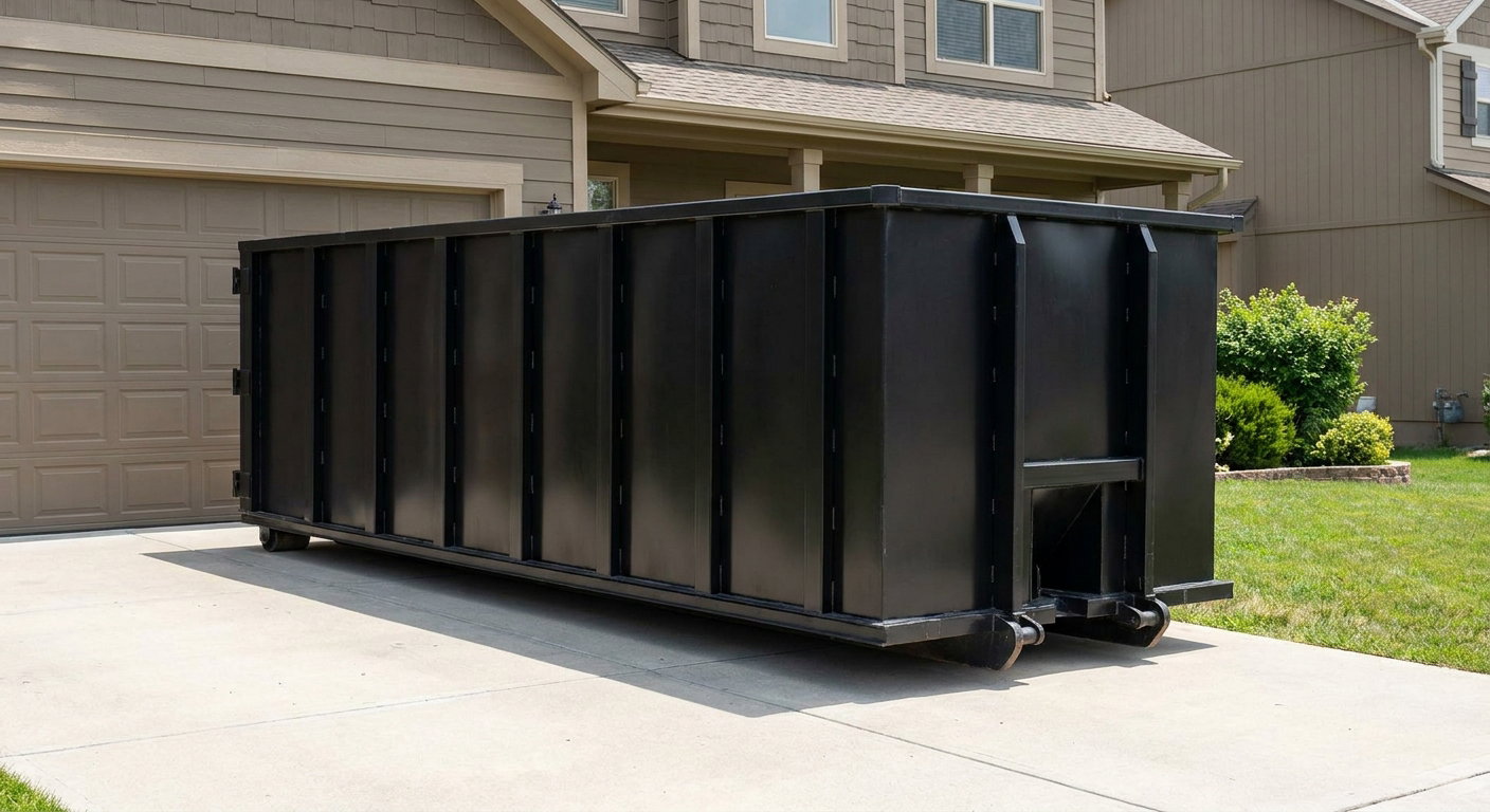 Matte-black residential roll-off dumpster sitting directly on a suburban Midland concrete driveway, garage door closed, single-family home in background, bright morning daylight.