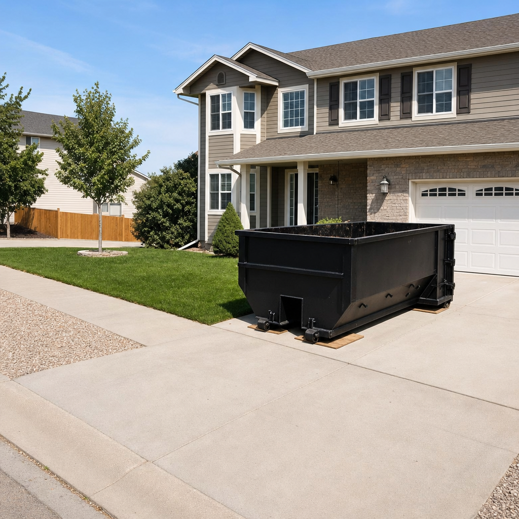 10-yard matte-black residential dumpster placed directly on a narrow Midland concrete driveway, room remains for a parked sedan beside it, mid-morning natural light