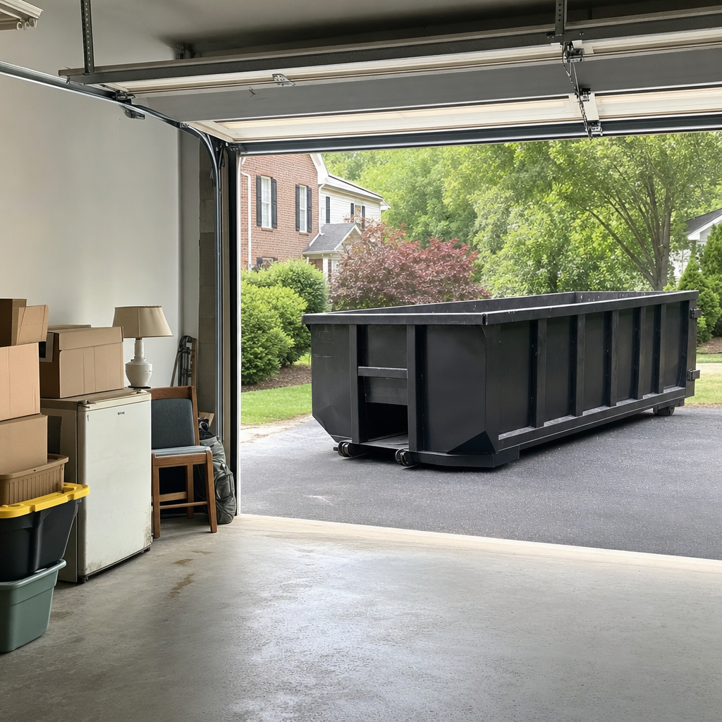 Open garage interior in a Midland home mid-cleanout — boxed items, an old appliance, and stacked yard tools queued near the driveway for a matte-black roll-off dumpster, organized and calm