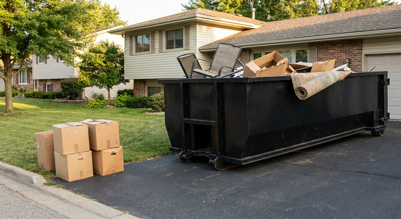 Front-yard view of a Midland split-level home with a 20-yard matte-black roll-off dumpster sitting directly on the asphalt driveway, a few clearly labeled donation boxes staged at the curb, calm sunny afternoon.