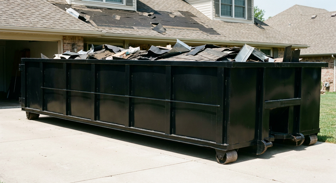 Matte-black 20-yard roofing roll-off dumpster with steel ribbed sides and swinging rear door, sitting directly on the concrete driveway of a two-story Midland home, asphalt shingle debris being loaded over the low wall, clean documentary lighting.