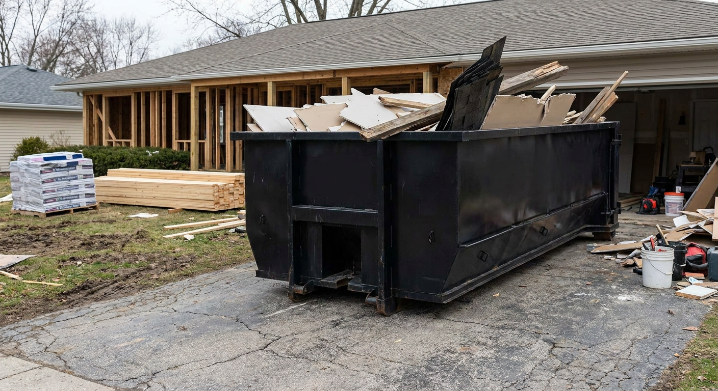 A matte-black 20-yard roll-off dumpster placed alongside a mid-renovation Midland home directly on the asphalt driveway, with framing materials and torn-off shingles staged neatly nearby.