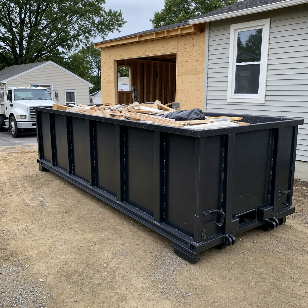 A matte-black 30-yard roll-off dumpster positioned at a Midland residential addition jobsite, with framing lumber and drywall scraps loaded through the open swinging rear doors.