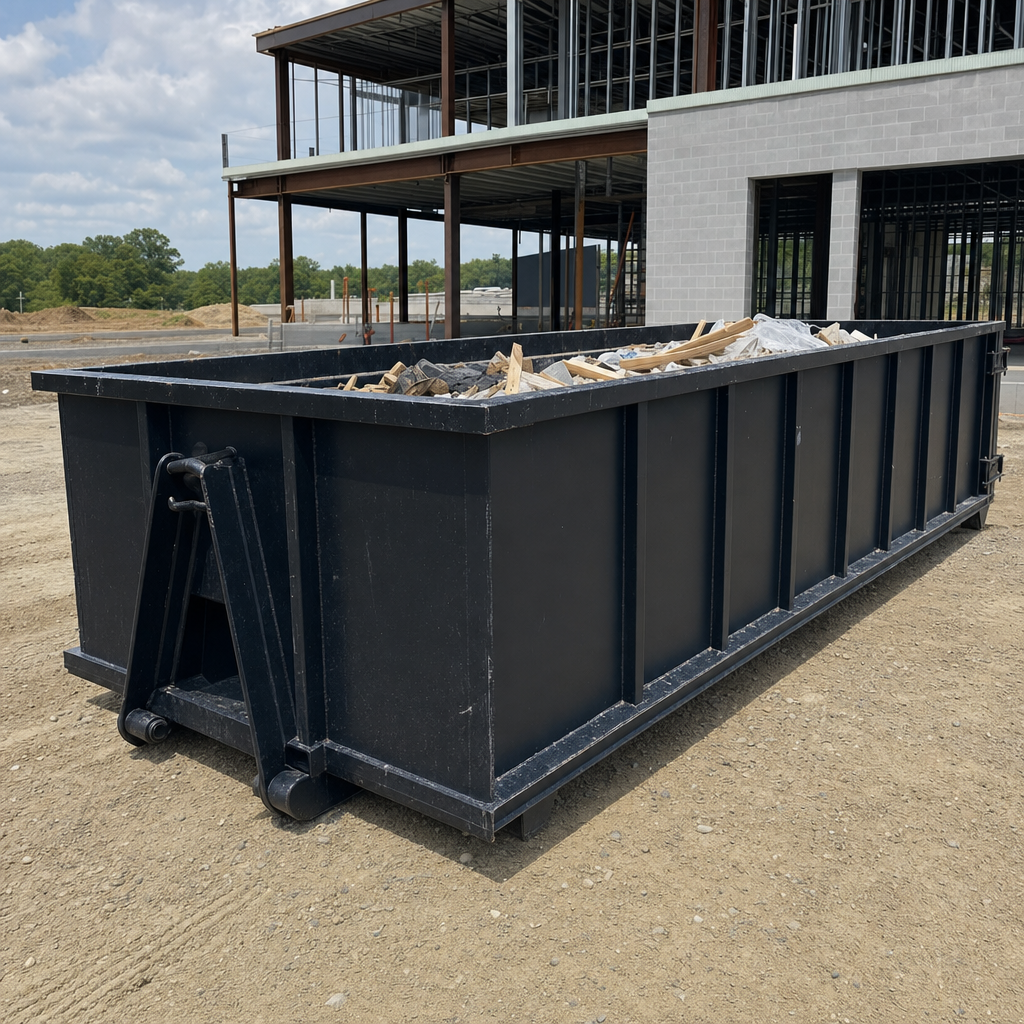 A matte-black 40-yard roll-off dumpster staged on a large Midland commercial construction lot, with a hooklift delivery truck parked alongside under bright midday sky.