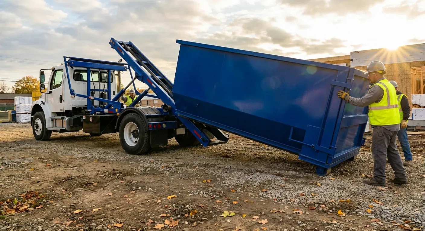 Construction dumpster delivery truck at job site in Midland, TX