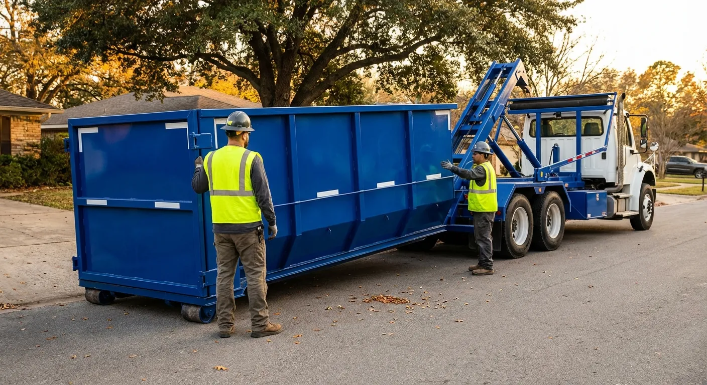 Roll-off dumpster delivery truck in operation in Midland, TX
